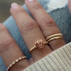 A beautiful floral ring that is meant to inspire you to be your true authentic self! To "Be A Rose" and realize your own beauty and magic lies within you! Rose Gold flower set on a gold or silver band. Made of 925 Sterling Silver We use a THICK plating of 14k Gold, Rose Gold & Rhodium Available in sizes 4-10 Flower measures: Nickel-free & HypoallergenicRings on Model: Mia Ring, Pave Signet Ring, Rope Stacking Ring Delicate Rose Gold Flower Ring For Gift, Dainty Flower Shaped Rose Jewelry, Dainty Flower-shaped Rose Jewelry, Dainty Rose Flower Jewelry, Fine Jewelry Flower Shaped Rose Gold Rings, Rose Gold Flower Ring Fine Jewelry For Gift, Dainty Rose-colored Jewelry With Rose Design, Rose Gold Flower Shaped Fine Rings, Rose Gold Birth Flower Ring