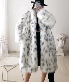 Material: Polyester Style: Casual Pattern Type: Letter Sleeve Length(cm): Full Outerwear Type: Jackets Clothing Length: Regular Item Type: Outerwear & Coats Faux Fox Fur Coat, Snow Leopard Print, Long Overcoat, Winter Shoes For Women, Fox Fur Coat, White Leopard, Stylish Clothes For Women, Shearling Coat, Snow Leopard