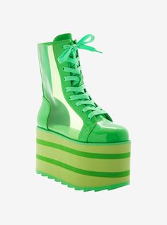 These neon green boots are made for festivals! They feature green translucent PVC panels and matching neon green laces. Comes with back zipper closure and striped platforms.Listed in women's sizes.Platform: 4'' - 4 12''Polyurethane upper; EVA soleImported Neon Green Boots, Cosmic Carnival, Neon Carnival, Neon Shoes, Fantasy Fest, Green Boots, Pvc Panels, Hi Top, Green Lace