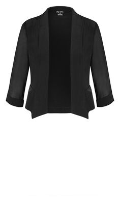 A sophisticated style for versatile wear, the Cropped Blazer Jacket offers lightly padded shoulders for shape and sheer sleeves for a touch of sexy. The cropped hemline is both trendy and flattering for the new season! Key feature includes: - Long lapel jacket collar - Buttonless front opening - Sheer sleeves with rolled cuffs - Lightly padded shoulders - Side pockets - Sheer chiffon back aeration panel - Relaxed fit - Cropped hemline - Lightweight unlined chiffon-like fabrication Wear over a wh Plus Size Workwear, Chiffon Jacket, Jacket Collar, Cropped Blazer Jacket, Lapel Jacket, Crop Blazer, Blazer Designs, Tunic Tank Tops, Evening Outfits