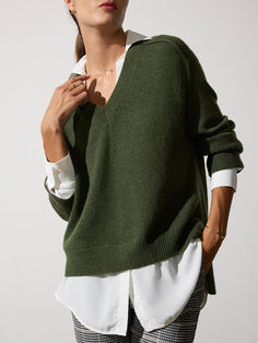 Women's V-Neck Layered Pullover in Lichen Mélange | Brochu Walker Classic Tops For Layering In Fall, Classic Tops For Fall Layering, Fall Daywear Tops With Ribbed Cuffs, Oversized V-neck Sweater For Spring Workwear, Wool V-neck Sweater For Layering, Textured Knit V-neck Sweater For Layering, Versatile V-neck Sweater For Layering, Oversized Chic V-neck Sweater For Layering, Brochu Walker Layered Sweater