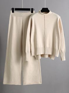 Stylish High-Low Long Sleeves Split-Side Solid Half Turtleneck Sweater Tops & Wide Leg Pants Two Pieces Set Wide Leg Pant Suit, Solid Sweaters, Casual Wide Leg Pants, Estilo Chic, Pantalon Large, Loose Sweater, Sweater Set, Knit Set, Wide Leg Trousers