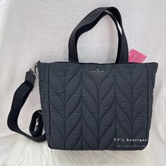 Color: Black Material: Nylon Condition: Brand New With Tag Style Number: Wkru5824 Dimension: 9"H X 9"W X 2"D Removable Adjustable Web Strap Length: 22" Handle Drop: 2.5" Floating Logo Satchel With Zip Closure Dust Bag Not Included You Know This Tote Holds Your Everyday Stuff Like A Wallet, Keys, Phone, Sunglasses. It Also Holds: Two Red Lipsticks, $6 In Change, 11 Crumpled Receipts, An Avocado 100% Authentic Comes From Clean & Pet Free Storage Environment Price Is Firm Rare Find Sold Out Everywh Kate Spade Black Spring Bag, Kate Spade Black Bags For Spring, Chic Black Nylon Bag, Quilted Totes, Small Tote, Womens Tote Bags, Matte Black, Kate Spade, Satchel