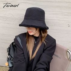 Tavimart Double-sided Lamb Bucket Cap for Women Winter Wool Thickened Fisherman Hat Solid Plush Soft Caps Thermal Windproof Hats Windproof Hat For Fall, Solid Windproof Hats With Curved Brim, Solid Color Windproof Hat With Curved Brim, Solid Windproof Bucket Hat, Black Flat Brim Bucket Hat For Winter, Winter Black Flat Brim Bucket Hat, Wide Brim Black Bucket Hat For Winter, Casual Flat Brim Bucket Hat For Winter, Black Brimmed Bucket Hat For Winter