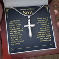 Perfect for special occasions or everyday wear, our artisan-crafted Cross Necklace is a wonderful gift idea for your son. Imagine the look on his face when he opens up this thoughtful gift! Sizing is appropriate for all ages. The artisan crafted detail makes this pendant stand out from other cross necklaces. Includes a luxury adjustable snake chain (18" - 22") and attaches with an easy to use lobster clasp. Cross Necklace Details • Stainless Steel • Adjustable snake chain (18" - 22") • Lobster c