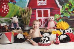 a baby is sitting in front of some farm animals