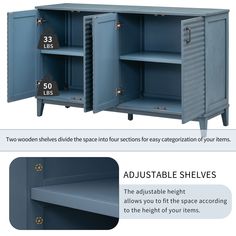 two blue metal storage cabinets with measurements for each shelf