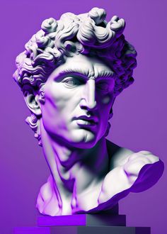 a bust of a man with curly hair on top of a purple and black block