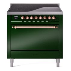 a green oven with two burners on the front and one door open to show it's cooking area