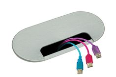 an electronic device with three different colored cords attached to the back of it's case