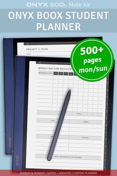 the only box student planner is in front of a blue background with an image of a pen