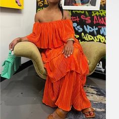 Orange Off The Shoulder Maxi Dress. Spring Orange Off-shoulder Maxi Dress, Orange Off-shoulder Maxi Dress For Spring, Off-shoulder Orange Maxi Dress For Spring, Spring Holiday Orange Maxi Dress, Summer Dress Trends, Off The Shoulder Maxi Dress, Colorful Maxi Dress, Orange Dresses, Off Shoulder Maxi Dress