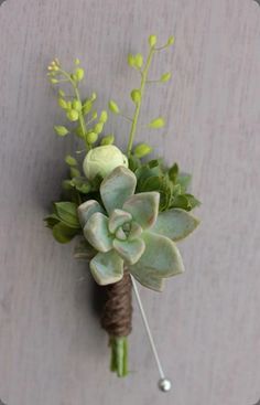 a boutonniere with succulents and green leaves