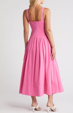 A boned corset gives way to a full skirt in a bubblegum-pink dress that's sure to turn heads. 50" length (size Medium) Back zip closure Sweetheart neck Sleeveless Cotton lining 85% cotton, 15% linen Hand wash, dry flat Imported Fitted Pink Square Neck Corset Dress, Spring Dresses With Ruched Bodice And Overbust Shape, Spring Sleeveless Pink Corset Dress, Pink Sleeveless Corset Dress For Spring, Pink Midi Dress With Square Neck And Ruched Bodice, Pink Square Neck Midi Dress With Ruched Bodice, Pink Square Neck Corset Dress For Summer, Pink Fitted A-line Corset Dress, Spring Pink Corset Dress With Lined Bodice