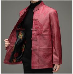 chinese red dragon tang jacket Traditional Fitted Outerwear With Stand Collar, Red Stand Collar Outerwear With Buttons, Traditional Spring Outerwear For Formal Occasions, Traditional Spring Formal Outerwear, Red Outerwear With Stand Collar And Button Closure, Elegant Long Sleeve Red Nehru Jacket, Elegant Red Long Sleeve Nehru Jacket, Traditional Red Outerwear With Stand Collar, Elegant Red Outerwear With Stand Collar