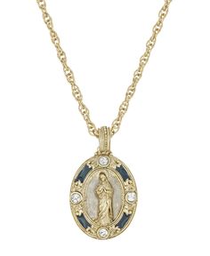 This gold-tone and blue enamel Mary pendant will be a symbol of your faith. Virgin Mary Necklace Gold, Catholic Jewelry Necklace, Gold Coin Jewelry, Symbols Of Faith, Virgin Mary Pendant, Catholic Necklace, Virgin Mary Necklace, Catholic Crafts, Saint Jewelry