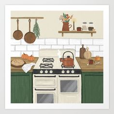 a painting of a kitchen with an oven, stove and counter top covered in pots and pans