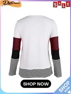 Women's Fashionable Contrast Color Patchwork Stripe Design Long Sleeved Shirt White Patchwork Top For Winter, White Winter Patchwork Top, Casual Splicing Blouse For Fall, Casual Spliced Blouse For Fall, White Long Sleeve Patchwork Top, White Long Sleeve Top With Contrast Color, White Color Block Long Sleeve Blouse, Cotton Tops With Splicing For Fall, White Long Sleeve Color Block Blouse