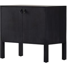 a black cabinet with two doors on one side and an open drawer on the other