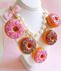 Donut Necklace Doughnut Statement Necklace Pink Donut | Etsy Cute Pink Resin Necklace, White Kawaii Necklace For Parties, Cute Round Resin Jewelry, Fun Beauty Products, Donut Necklace, Kawaii Necklace, Pink Donut, Handmade Gifts For Friends, Pink Statement Necklace