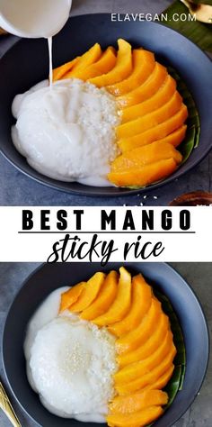 mango sticky rice with milk being poured into it in a bowl and then topped with sliced mangoes