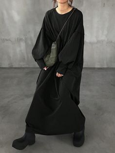 Women's Casual Simple Solid Color Ruched Lantern Sleeve Loose Mid-Length Dress Black Casual  Extra-Long Sleeve Woven Fabric Plain Smock Slight Stretch All Women Clothing, size features are:Bust: ,Length: ,Sleeve Length: Armor Clothing, Mori Fashion, Sweat Dress, Style Steal, Trending Fashion Outfits, Things To Sew, Oversized Dress, My Dream Wardrobe, Loose Outfit