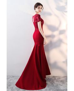 Buy burgundy fitted side split evening dress with illusion short sleeves at wholesale price online. Free shipping and pro custom service since 2009. Short Sleeve Evening Dress With Illusion Neckline, Fitted Evening Dress With Illusion Neckline And Short Sleeves, Short Sleeve Evening Dress With Illusion Neckline For Prom, Red Short Sleeve Evening Dress For Formal Occasions, Short Sleeve Evening Gown With Sweep Train, Evening Gown With Sweep Train And Short Sleeves, Red Short Sleeve Evening Gown, Elegant Red Evening Dress With Short Sleeves, Red Elegant Short Sleeve Evening Dress