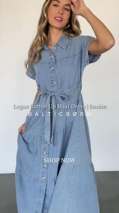 Our brand NEW Logan Button Up Maxi Dress | Denim is the epitome of denim-girl fall😉👖 Why is she the MVP? She’s got a comfy fit + a button-up style that means no wrestling with zippers (phew!) - shop now🛍️ Button Up Maxi Dress, Semi Casual, Waist Sash, Dress Denim, Button Up Dress, Soft Summer, Tiered Maxi Dress, Fall Style, Girl Falling