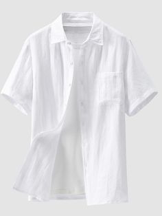 White Men's Linen Shirt Summer Shirt Beach Shirt Turndown Summer Short Sleeve White Beige Gray Plain Casual Daily Clothing Apparel Front Pocket Cotton Shirt With Casual Collar For The Beach, White Shirt With Casual Collar For Vacation, White Short Sleeve Beach Shirt With Pockets, White Short Sleeve Shirt With Pockets For Beach, White Tops With Pockets For Vacation, White Beach Tops With Pockets, White Plain Shirt For Summer, Plain White Shirt For Summer, White Collared Shirt For Beach