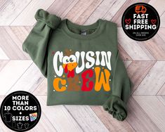 Cousin Crew Thanksgiving Sweatshirt, Gobble Gobble Sweatshirt, Family Thanksgiving Shirt, Thanksgiving cousin shirt, Cousin Crew Shirts  How - To - Order - Select Your Shirt Style  - Select Your Shirt Color - Select Your Design (Personalization Box) If Applicable - Select Your Quantity - Add Item to Your Cart -- If You Will have more than one shirt you can add them to your cart one by one so you can have one order. -- If Shown picture was 2 shirt you must add both to the cart. Production & Shipp Thanksgiving Cousin Shirts, Funny Long Sleeve Tops For Fall, Thanksgiving Letter Print Crew Neck Top, Casual Crew Neck Tops For Thanksgiving, Cousin Crew Shirts, Cousin Shirts, Thanksgiving Sweatshirt, Cousin Crew, Gobble Gobble