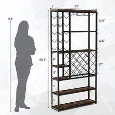 a woman standing next to a tall shelf