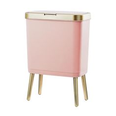 a pink trash can with gold trim and legs