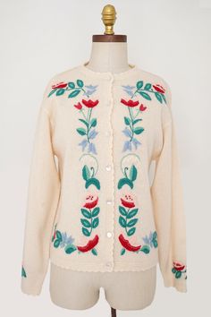 Shoppe Flora - Antique 1940s 100% Wool Cardigan vintage cottage core romantic feminine vintage inspired Spring Wool Sweater With Embroidery, Spring Wool Cardigan With Embroidery, Spring Wool Embroidered Sweater, Spring Embroidered Wool Sweater, Spring Embroidered Wool Cardigan, Vintage Crew Neck Outerwear For Spring, Vintage Beige Wool Cardigan, Vintage Embroidered Cardigan For Fall, Vintage Embroidered Fall Sweater