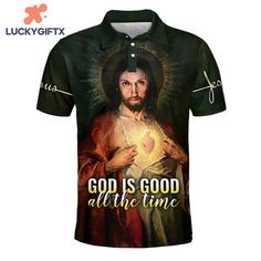 God Is Good All The Time Polo Shirt, Christian Polo Shirt A polo shirt is a versatile, short-sleeved garment that combines comfort and style. Typically made from cotton or a cotton-blend fabric, it features a soft collar, a placket with two or three buttons, and sometimes a small chest pocket. Originally designed for sports like tennis and polo, this shirt has since become a popular casual wardrobe staple for both men and women. Polo shirts are known for their smart-casual appearance, making them suitable for a range of occasions, from outdoor activities to more relaxed office settings. Photos Of God [...] Collared Cotton T-shirt With Letter Print, Casual Short Sleeve Polo Shirt With Letter Print, Collared Cotton T-shirt With Graphic Print, Cotton Collared T-shirt With Graphic Print, Summer Polo Collar T-shirt With Graphic Print, Casual Polo Shirt With Letter Print And Polo Collar, Summer Polo Shirt With Letter Print, Casual Polo Shirt With Letter Print, Summer Short Sleeve Polo Shirt With Letter Print