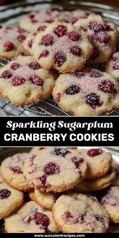 cookies cooling on a rack with the words sparkling sugarplun cranberry cookies