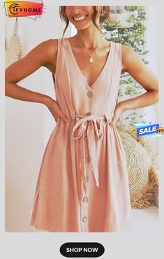 Button V Neck Knot Tank Mini Dress Bohemian Mini Dress, Plunge Mini Dress, Beach Bohemian, Bow Tie Dress, Airy Dress, Boho Beach Dress, Knot Dress, Boho Dresses, Beach Boho