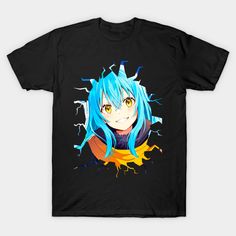 an anime character with blue hair and yellow eyes wearing a black t - shirt that says,