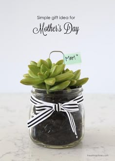 a small glass jar with succulents in it and a tag that says mother's day