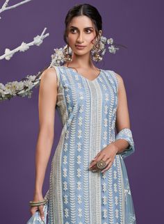 Light Steel Blue Designer Embroidered Party Wear Lucknowi Pant Suit-Saira's Boutique