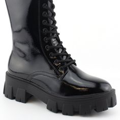 Modern Military Combat Boots: Round Toe, Compact Style, Chunky Platform, As Well As The Block Heel, All The Elements Are Exclusive For Your Chic Look Classic Design For Convenient: Zip Closure Along The Side Of Platform Boots For Easily Wearing On Or Off, Front Lace Up For Calf Circumference Adjustment Trendy Black Combat Boots With Reinforced Heel, Trendy Black Lace-up Closed Toe Boots, Spring Black Combat Boots With Chunky Platform, Spring Chunky Platform Combat Boots In Black, Trendy Patent Leather Lace-up Combat Boots, Trendy Lace-up Patent Leather Combat Boots, Trendy Lace-up Boots With Reinforced Heel And Closed Toe, Trendy Lace-up Boots With Medium Width And Closed Toe, Trendy Lace-up Boots With Medium Width