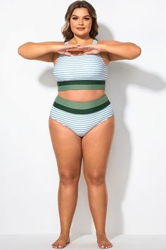 Plus Size Green Striped Patchwork Bikini Bottom Rib Cage, Green Stripes, New Day, Plus Size, Green, How To Wear, Clothes, Patchwork