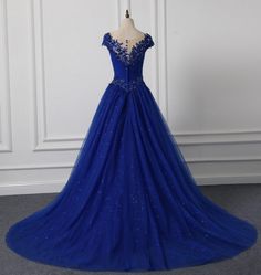 Long Neck Appliqued Wedding Dress Royal Blue Wedding Party Dresses Blue Tulle Prom Evening Dress, Wedding Gala Tulle Gown, Blue Tulle Dress For Banquet, Royal Blue Ball Gown For Quinceanera During Prom Season, Gala Ball Gown For Debutante Ball, Gala Ball Gown Evening Dress For Debutante Ball, Tulle Gown For Wedding Gala, Tulle Gown For Wedding And Gala, Blue Tulle Floor-length Gown