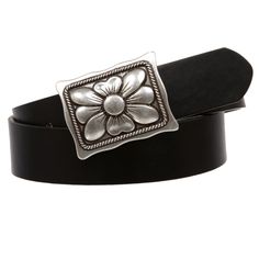 Material: bonded leather strap. Flower antique silver interchangeable buckle. Designed and assembled in the USA. Western flower vintage design for casual or jeans. 1 1/2" or 38 mm in width. Buckle measurement: 2 1/2" X 2". Sizing: belt size is sized to the center hole, the third hole from the tip end, Order the closed size from the size option and referring size chart for more info More Details Assembled in the USA, the belt buckle is attached with a leather or none leather belt strap that is no Black Adjustable Belt With Silver Buckle, Adjustable Black Belts With Silver Buckle, Adjustable Black Belt With Silver Buckle, Adjustable Leather Belt Buckle With Metal Buckle, Adjustable Silver Leather Belt, Adjustable Silver Belt With Buckle Closure, Adjustable Spring Belt With Buckle, Classic Concho Belt Buckles, Vintage Adjustable Belts For Spring