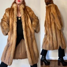 Foxy Lady. Absolutely beautiful Vintage 1970's vertical panel red fox fur coat with high collar, peaked shoulders, curved hem & hand warmer pockets. My absolute favorite of the fox furs, & thank goodness I already have one... perfect for all the things. I wear mine casual & dolled up, vintage furs are versatile, cozy & timeless, not to mention sassy as all get out. Plus that curved hem is incredible.  Fits a range (I'm about a M), but please use measurements as fit guide. 15" shoulder  22.5" bust (on the half)  22" waist (on the half)  23" hip (on the half)  25" sleeve, not including fur  46" length, not including fur  Fully lined - semi matte luxe satin - fawn  Center front hidden metal hook closures Red fox fur  High collar Peaked shoulder caps & wide sleeved  Vertical paneling throughou Red Panels, Fox Fur Coat, Vintage Fur, Red Fox, Fox Fur, High Collar, Hand Warmers, Favorite Outfit, Fur Coat