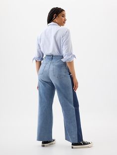 High Rise Wide-Leg Crop Jeans Button-up Denim Blue Cotton Bottoms, Cotton Button-up Dark Wash Jeans, Denim Blue Washed Button-up Jeans, Cotton Jeans With Button Closure In Washed Blue, Denim Blue Cotton Jeans With Button Zip Fly, Blue Recycled Denim Bottoms With Button Closure, Blue Recycled Denim Jeans With Button Closure, Relaxed Fit Recycled Denim Bottoms With Button Closure, Dark Wash Jeans With Button Closure In Recycled Denim