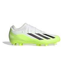 the adidas soccer shoe in white and neon yellow