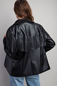 This classic leather-look jacket is given an eye-catching update with multi-colored fringe detailing all around. Styled with a lapel collar neckline, one-button closure, two front pockets, and a single vent - it's a surefire way to stand out from the crowd! Fit: True to size 55% POLYESTER, 45% PU Lined Pockets Button closure Collar Jacket, Leather Collar, Classic Leather, Lapel Collar, Multi Colored, Collar, Leather