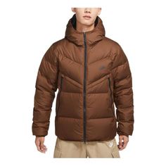 Nike hooded puffer jacket 'Brown' DV1132-259 (Down/Men's/Zipper) Brown Hooded Puffer Jacket For Outdoor, Brown Hooded Puffer Jacket For Winter, Brown Hooded Jacket With Detachable Hood For Winter, Brown Winter Outdoor Puffer Jacket, Brown Outdoor Hooded Jacket With Double-lined Hood, Nike Hooded Puffer Jacket For Cold Weather, Brown Puffer Jacket For Winter Streetwear, Brown Winter Puffer Jacket For Cold Weather, Outdoor Brown Hoodie With Double-lined Hood