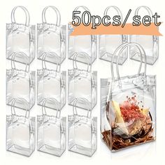 six clear plastic bags with handles are stacked on top of each other and one is filled with food