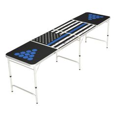 a black and white table with blue dots on it